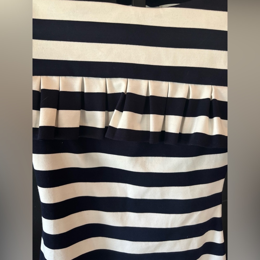 Eliza J Navy and White Striped Sheath Dress with Ruffle - Picture 3 of 6